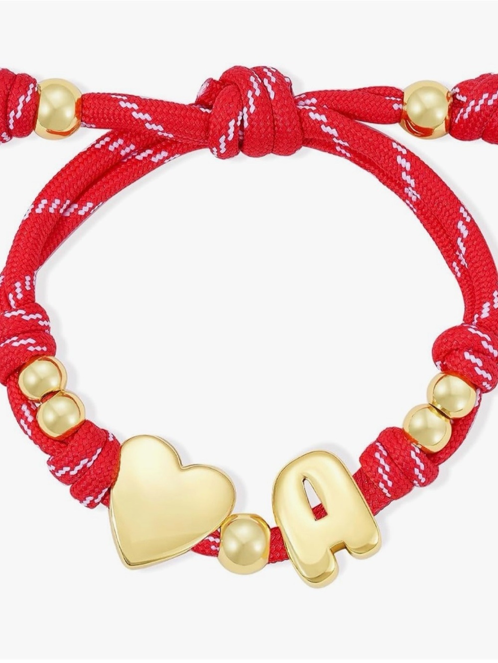 NEW 14k Gold Plated Red Cord Heart & “A” Initial Bracelet with Gold Beads